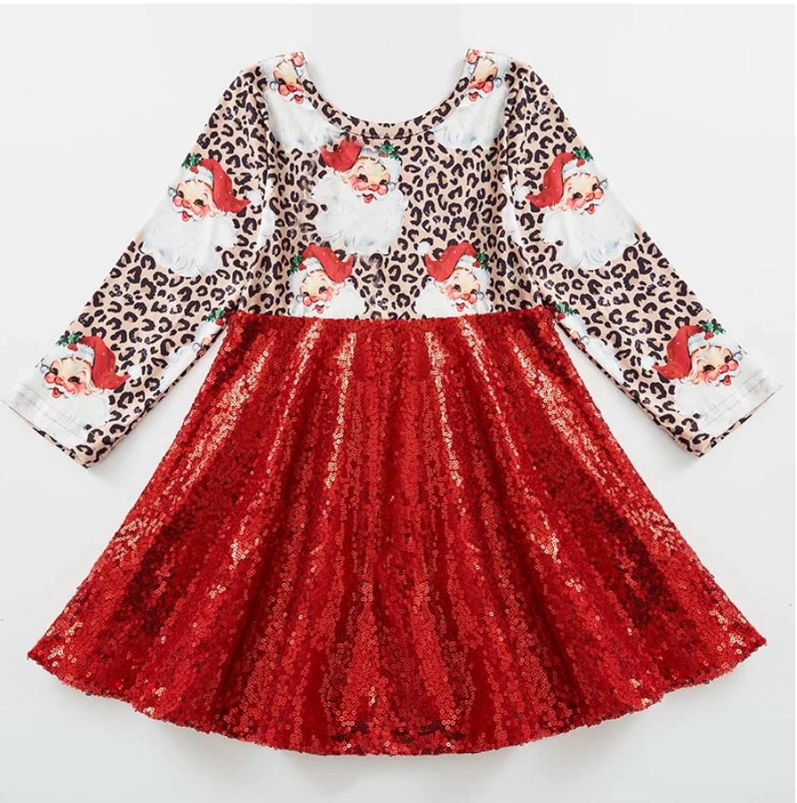 Leopard Print Santa Sequin Christmas Dress